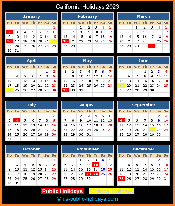 California Holiday Calendar 2023